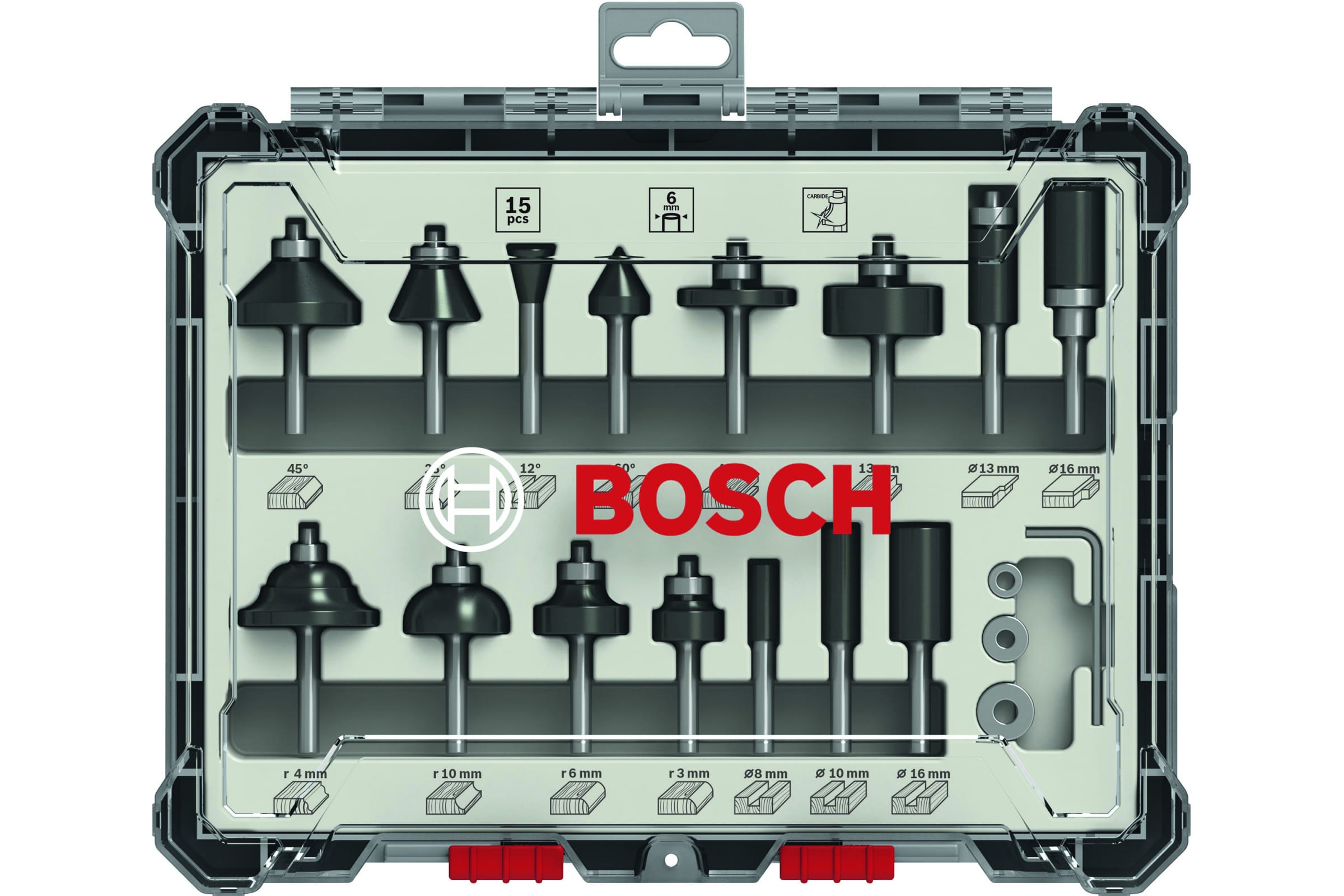 Набор фрез комбинированных по дереву 15шт, хвостовик 6мм BOSCH