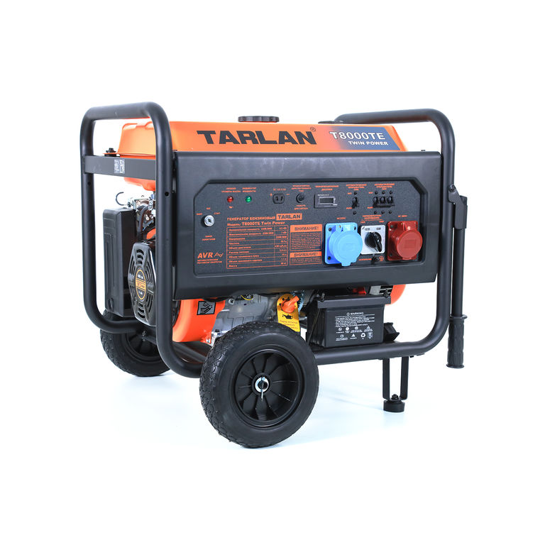 Генератор бензиновый T-8000TE TWIN POWER (380В и 220В, 6500/7000Вт, 15л.с. (11кВт), 438см3, расход топлива 2,8л/ч, бак 25л, время работы 9ч, запуск - ручной+электростарт, счётчик моточасов, 90кг) TARLAN