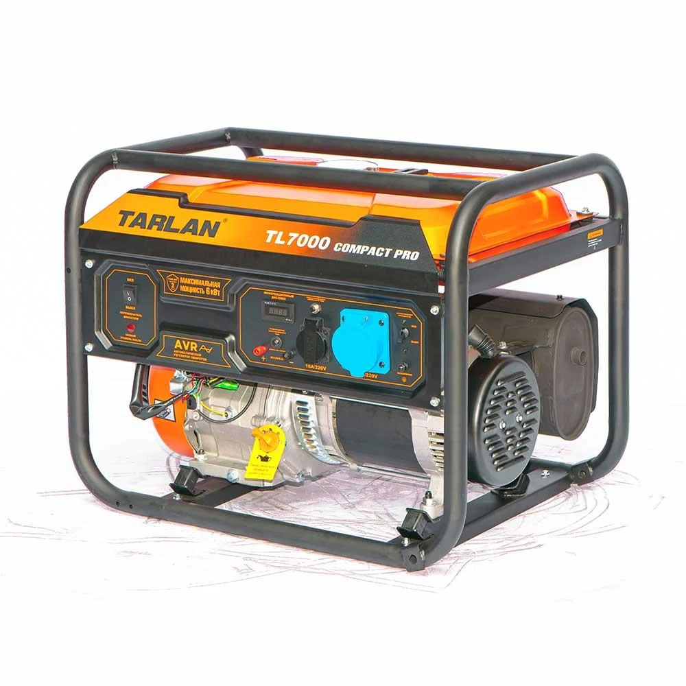 Генератор бензиновый TL-7000 Compact Pro (220В, 5500/6000Вт, 15л.с. (11кВт), 407см3, расход топлива 2,0л/ч, бак 25л, время непрерывной работы 9ч, запуск - ручной, 72кг) TARLAN
