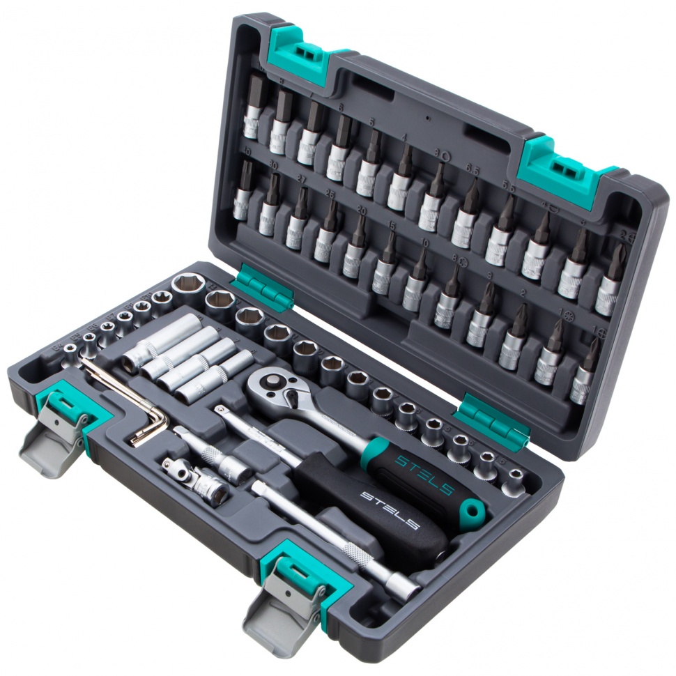 Набор инструмента 57 предм, 1/4", Cr-V, пластиковый кейс STELS