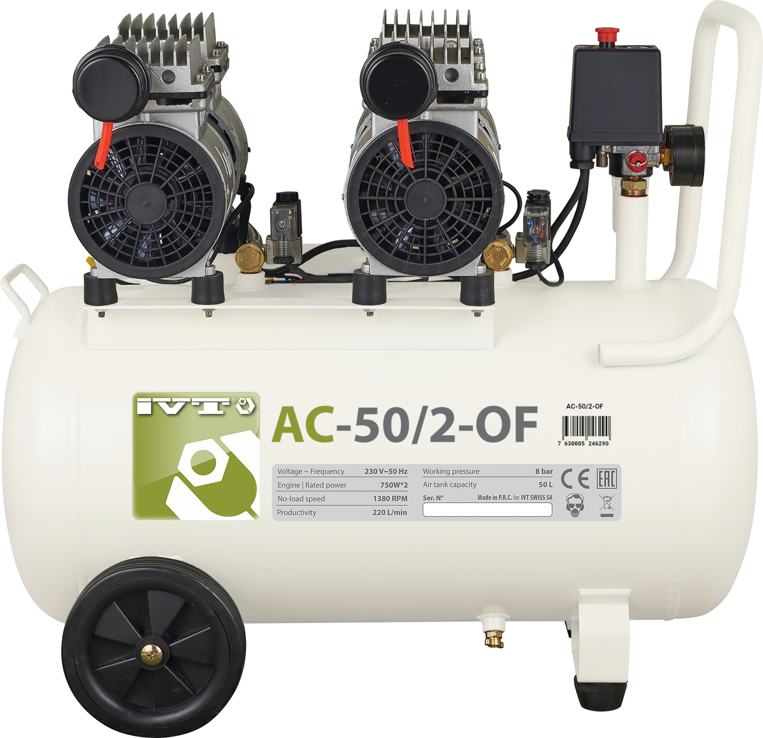 Компрессор AC-50/2-OF (220В, 750Втх2, 50л, 220л/мин, 8атм, безмасляный, 35,8кг) IVT