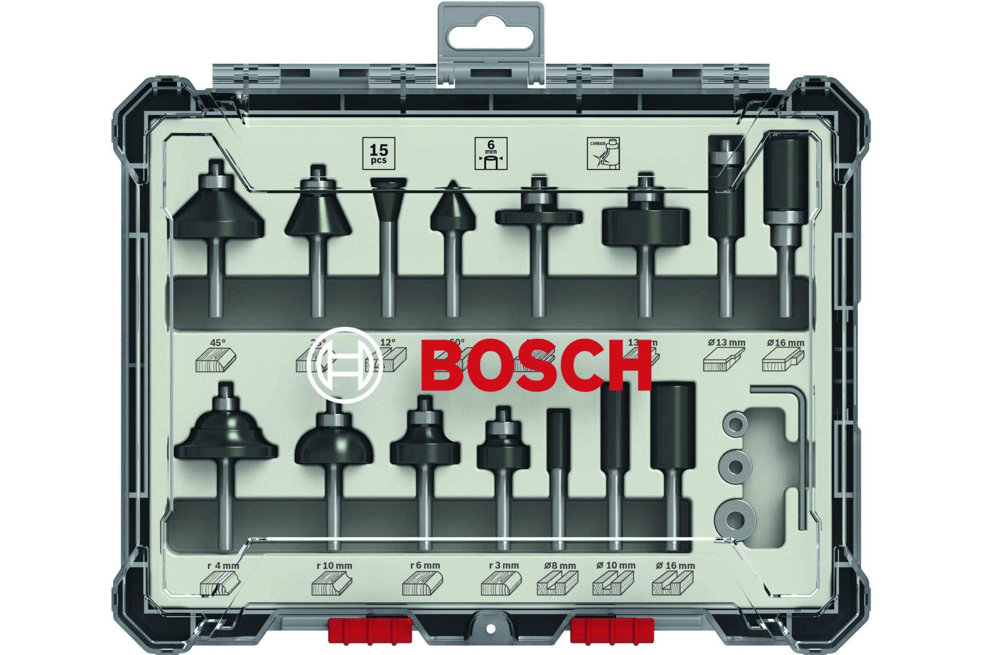 Набор фрез комбинированных по дереву 15шт, хвостовик 6мм BOSCH