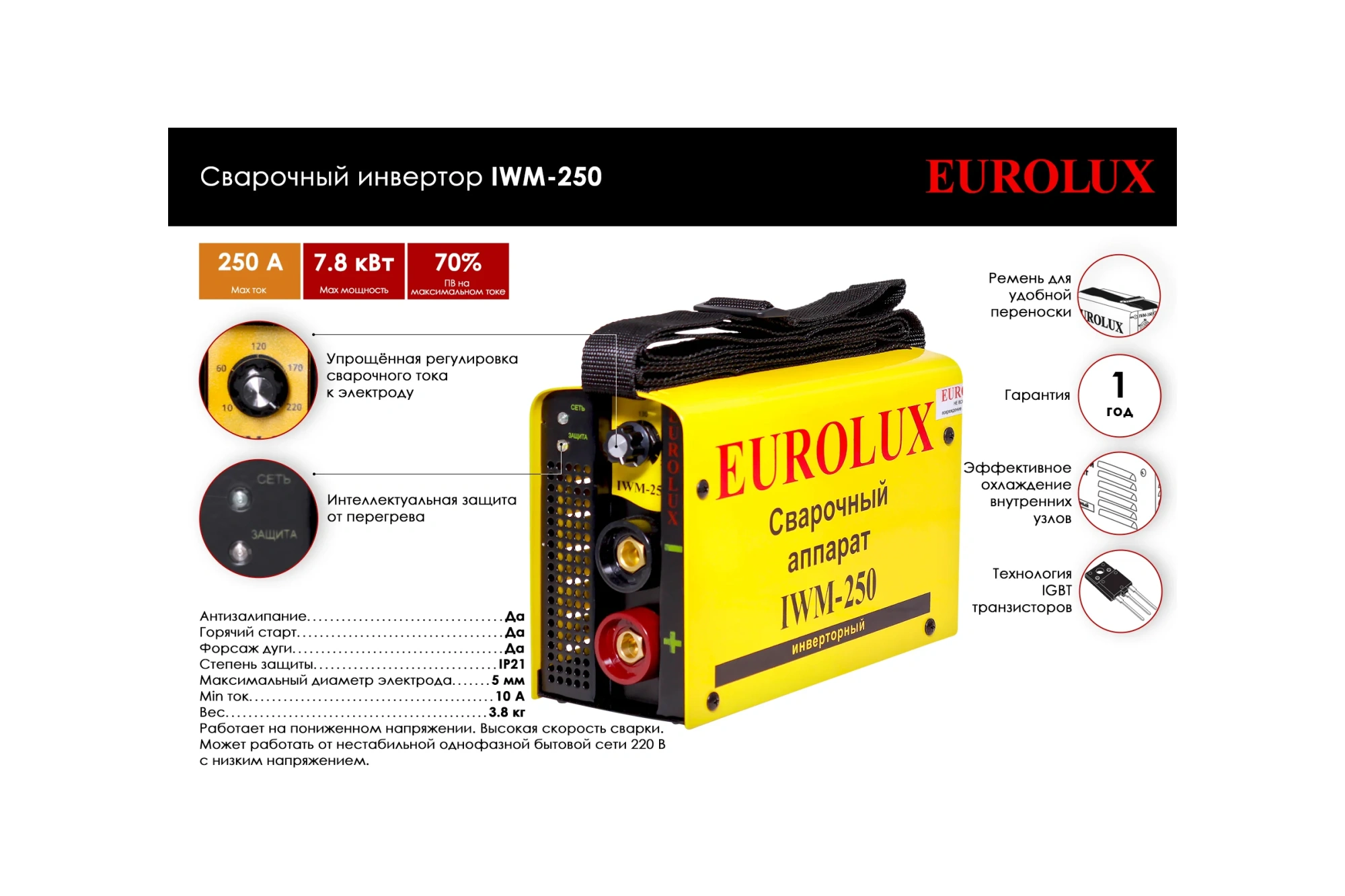 Сварочный инвертор IWM250 (10-250А, 140-260В, ток 29А, Ø6мм, ПВ70%, 5,0кг) Eurolux